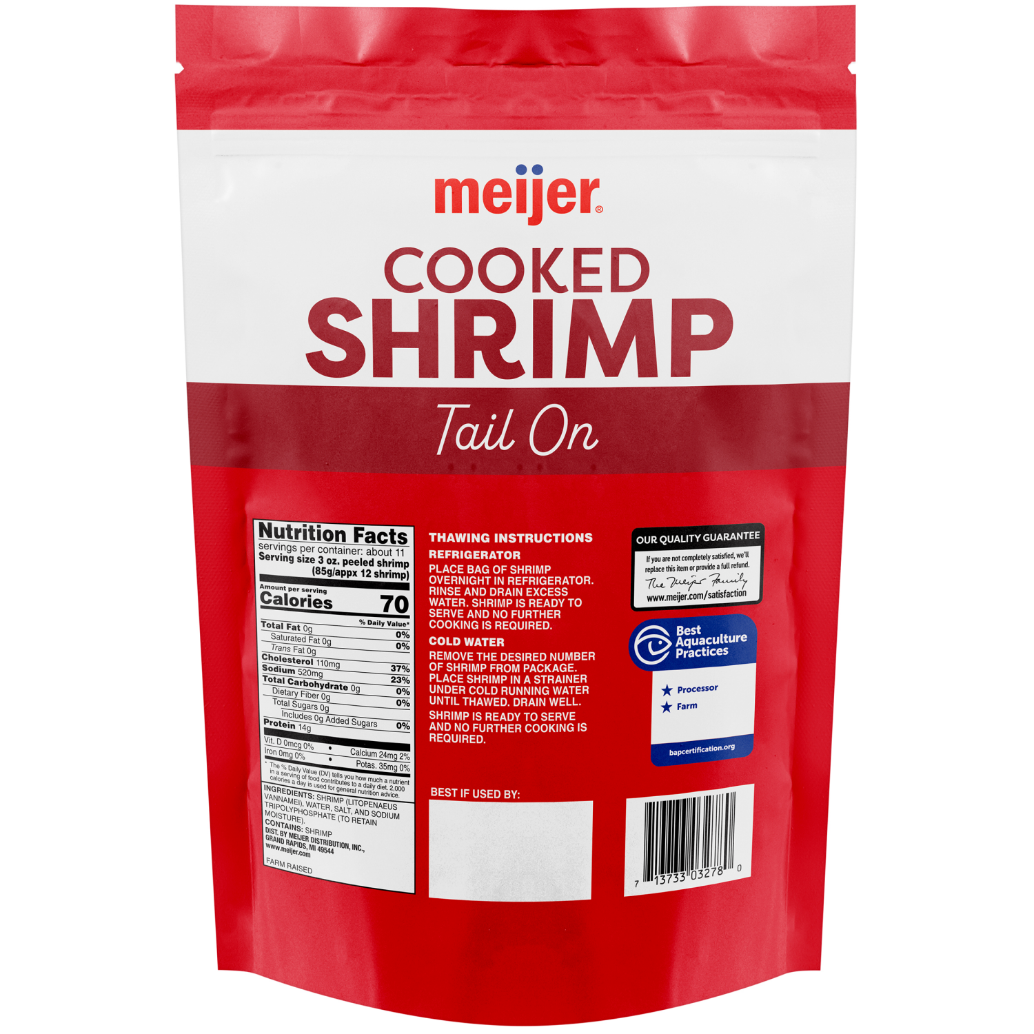 slide 2 of 2, Meijer Cooked Shrimp P+D 51/60 tail-on, 32 oz