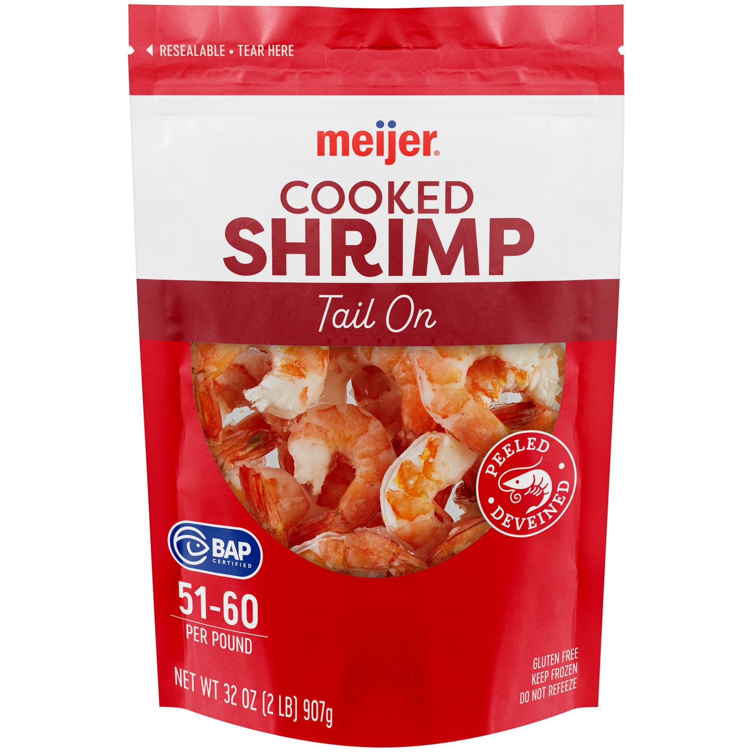 slide 1 of 2, Meijer Cooked Shrimp P+D 51/60 tail-on, 32 oz