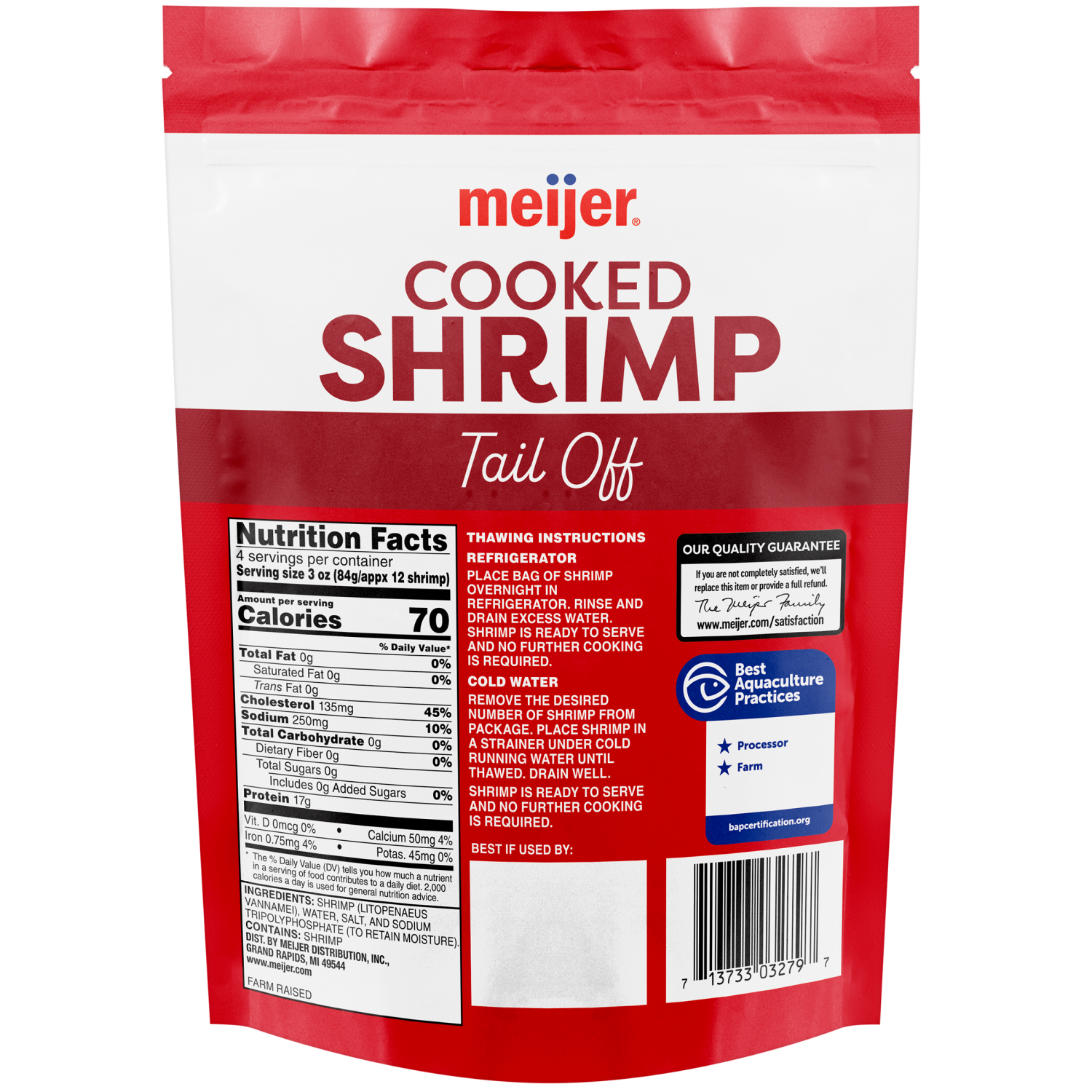 slide 2 of 2, Meijer Cooked Shrimp P+D 61/70 tail-off, 12 oz