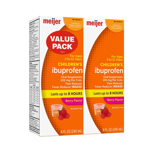 slide 6 of 21, Meijer Children's Ibuprofen Oral Suspension per, Berry Flavor, 100 mg, 5 ml, 2 x 8 oz