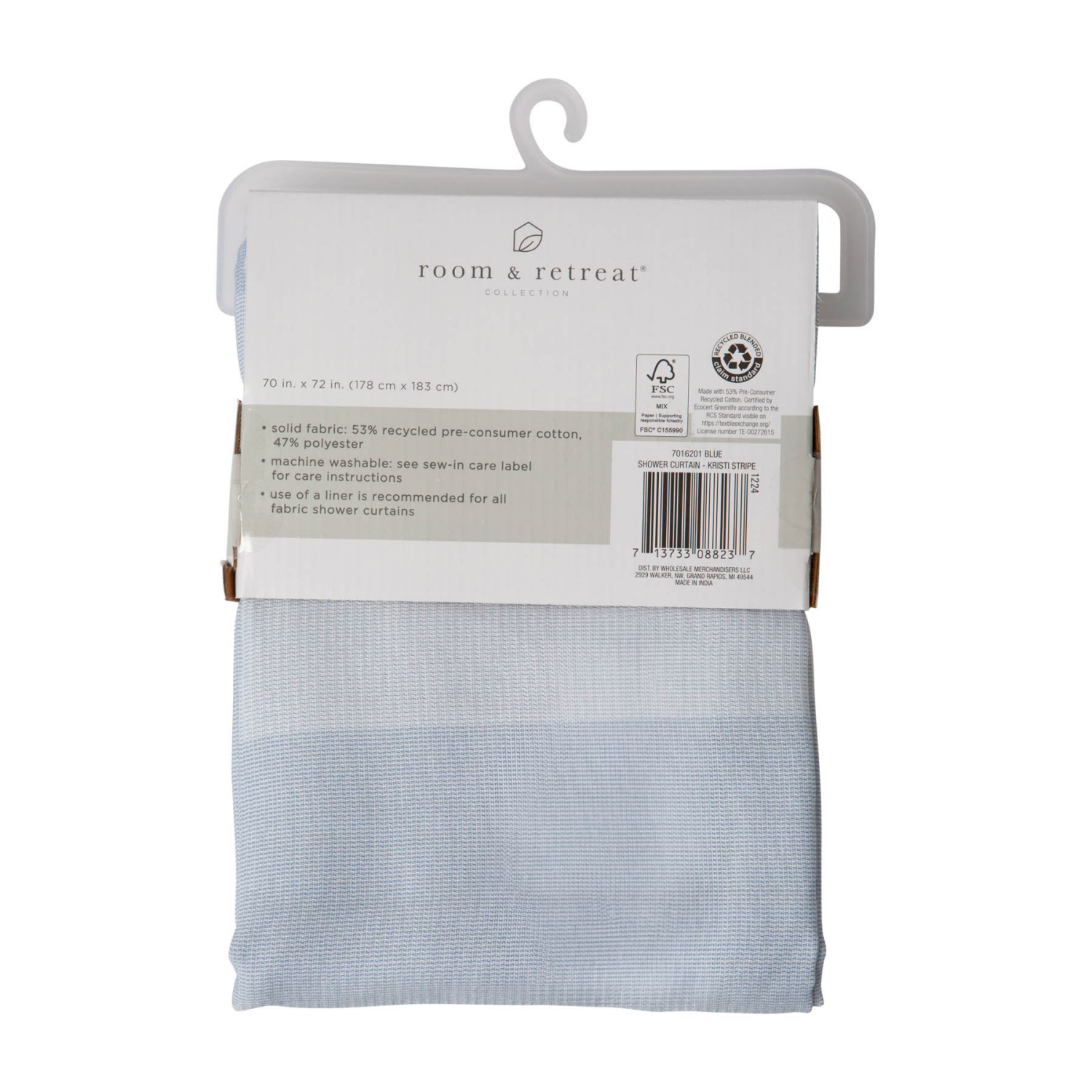 slide 5 of 5, Room & Retreat Kristi Stripe Fabric Shower Curtain with Recycled Cotton, Blue, 1 ct