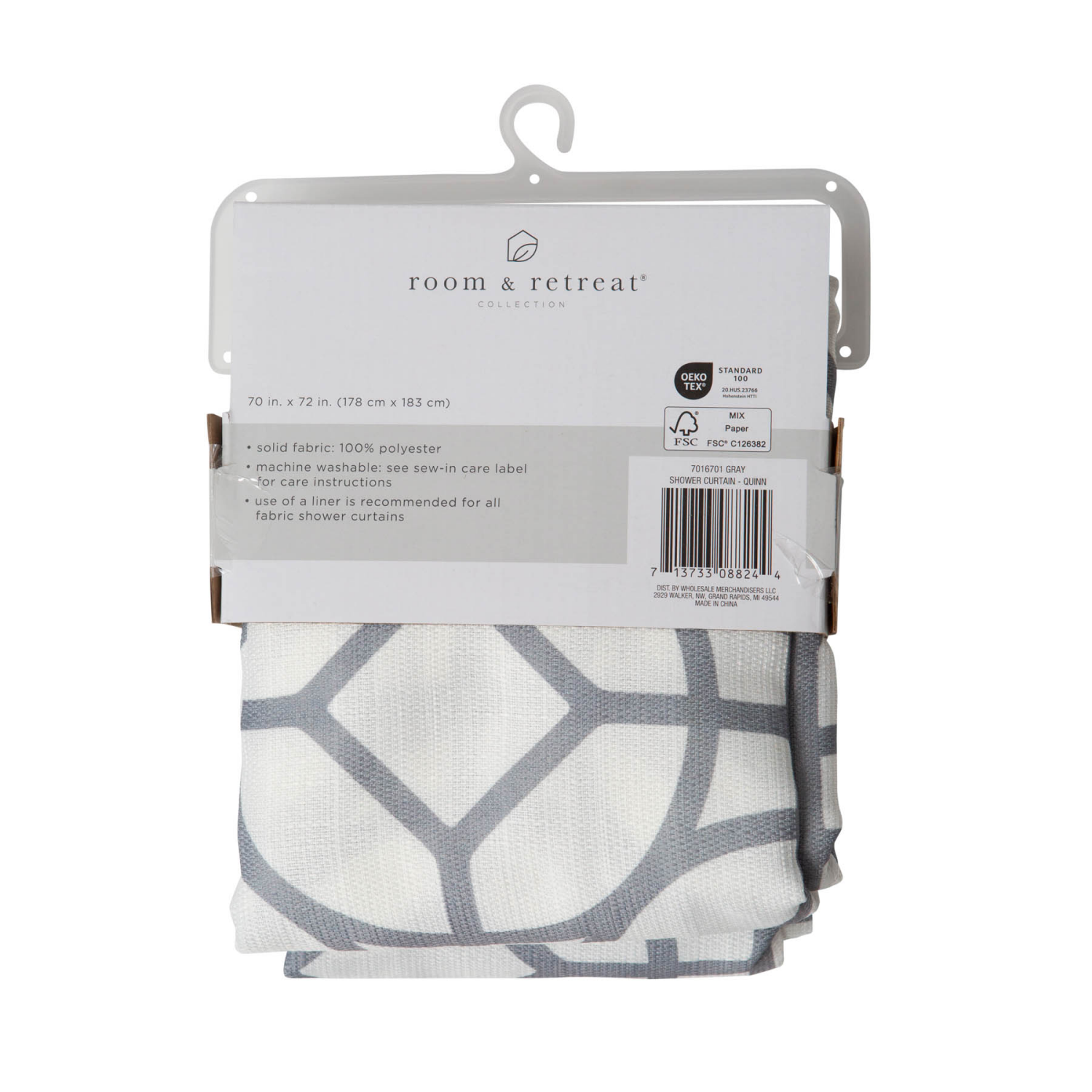 slide 3 of 5, Room & Retreat Quinn Fabric Shower Curtain, Geometric Print, 70 in x 72 in, Gray, 1 ct