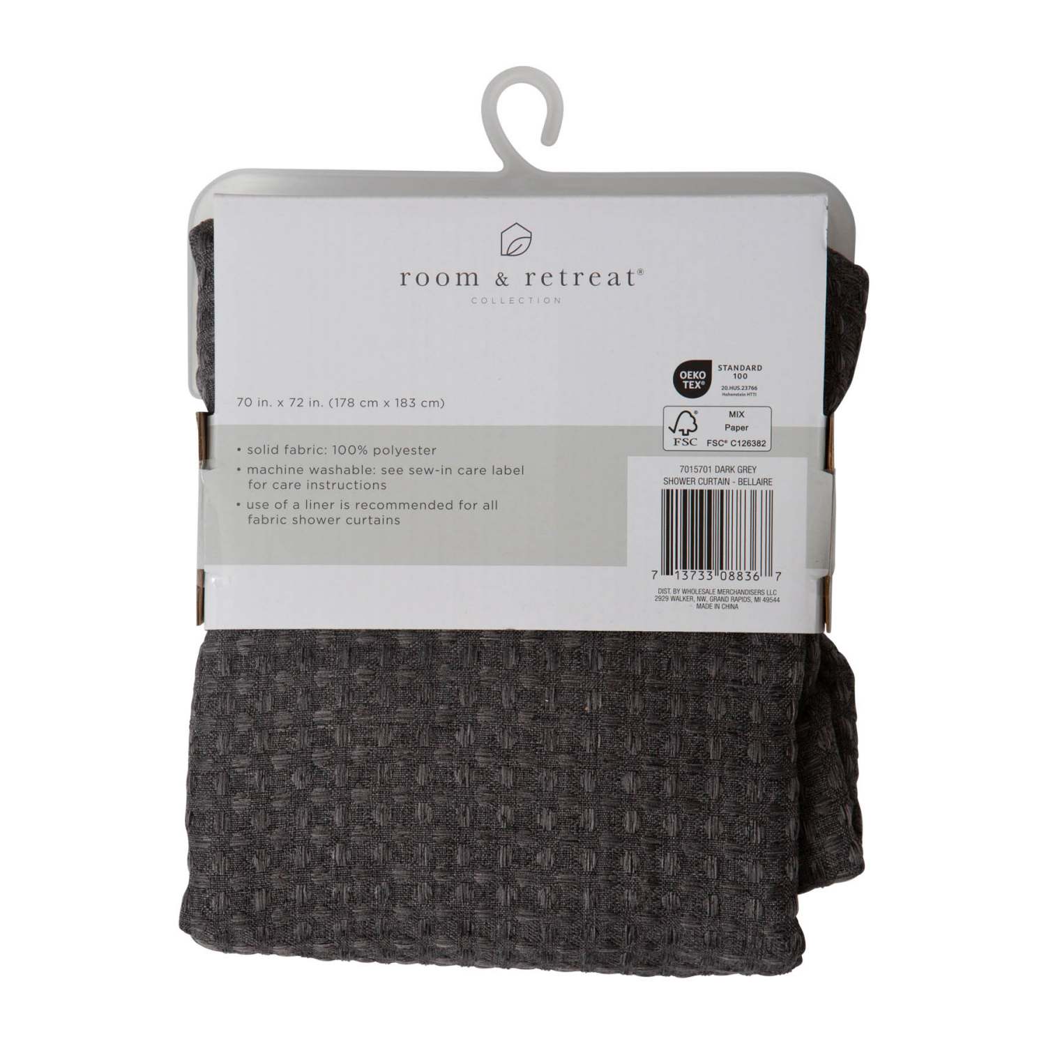 slide 3 of 5, Room & Retreat Bellaire Waffle Weave Fabric Shower Curtain, 70x72 in, Dark Grey, 1 ct