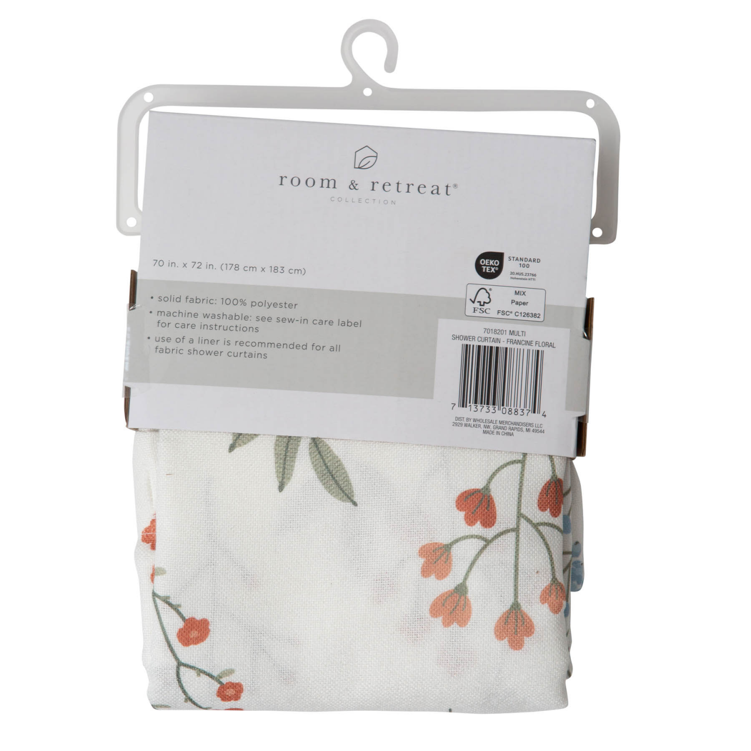 slide 4 of 5, Room & Retreat Francine Floral Fabric Shower Curtain, 70 x 72 in, Multicolored, 1 ct