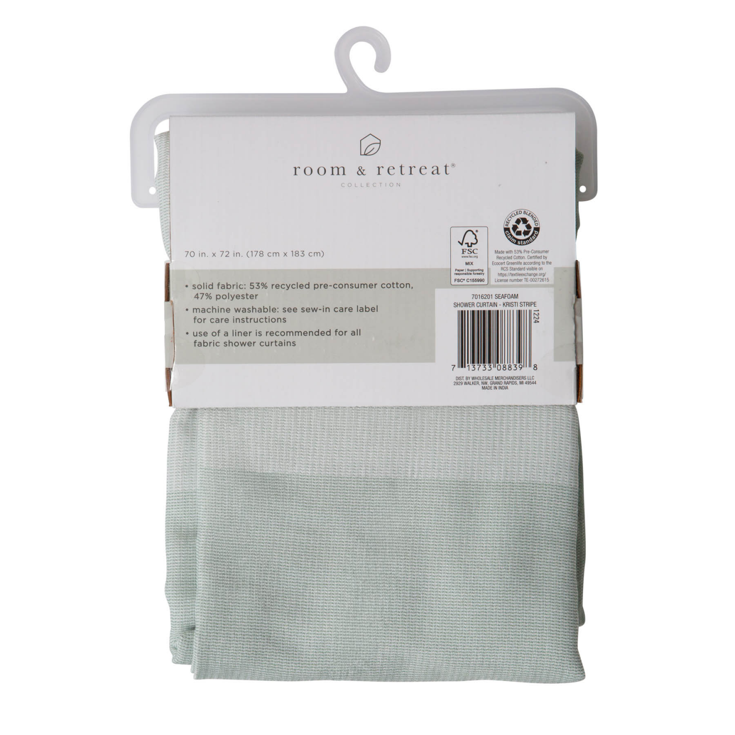 slide 5 of 5, Room & Retreat Kristi Stripe Fabric Shower Curtain with Recycled Cotton, Green, 1 ct