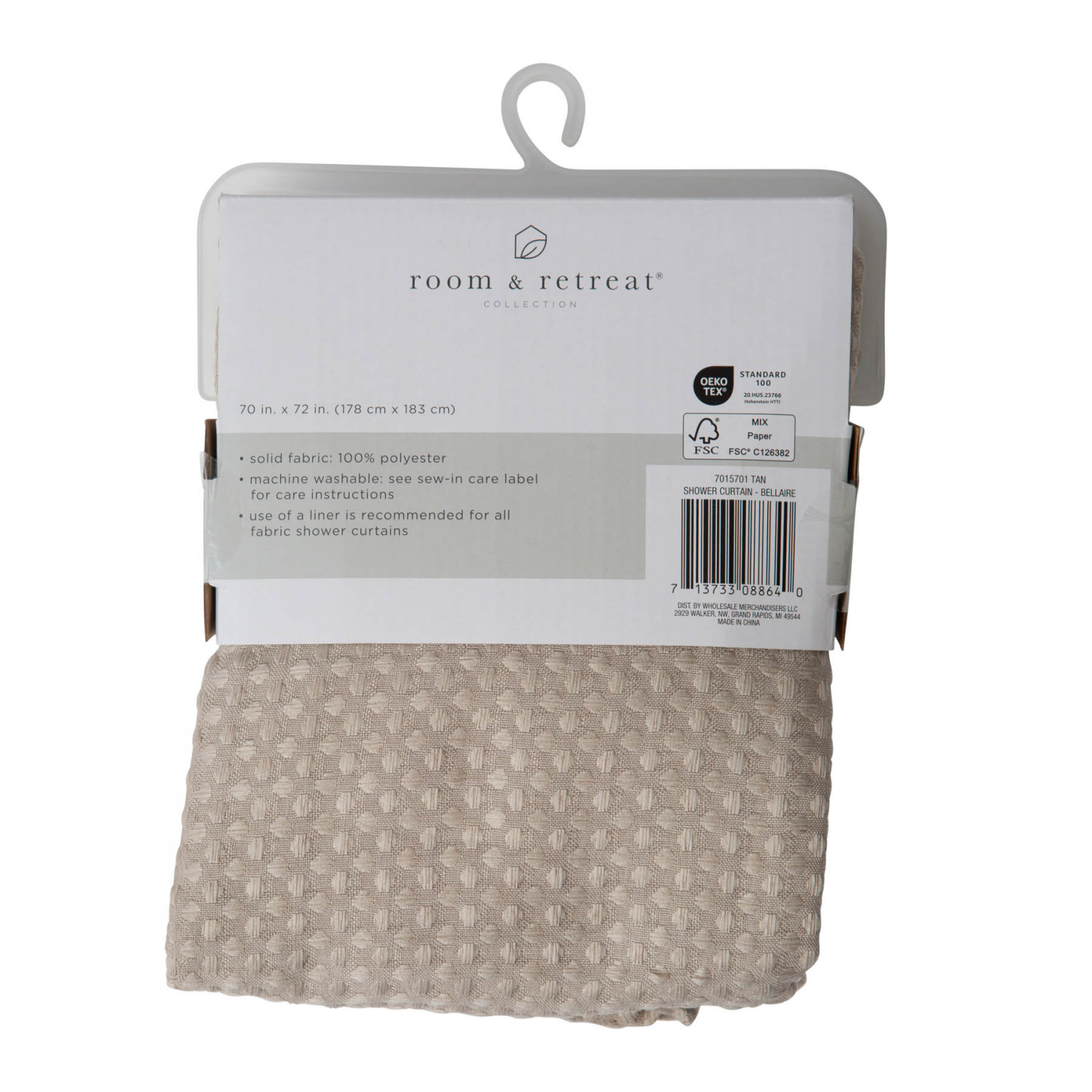 slide 5 of 5, Room & Retreat Bellaire Waffle Weave Fabric Shower Curtain, 70 in x 72 in, Tan, 1 ct