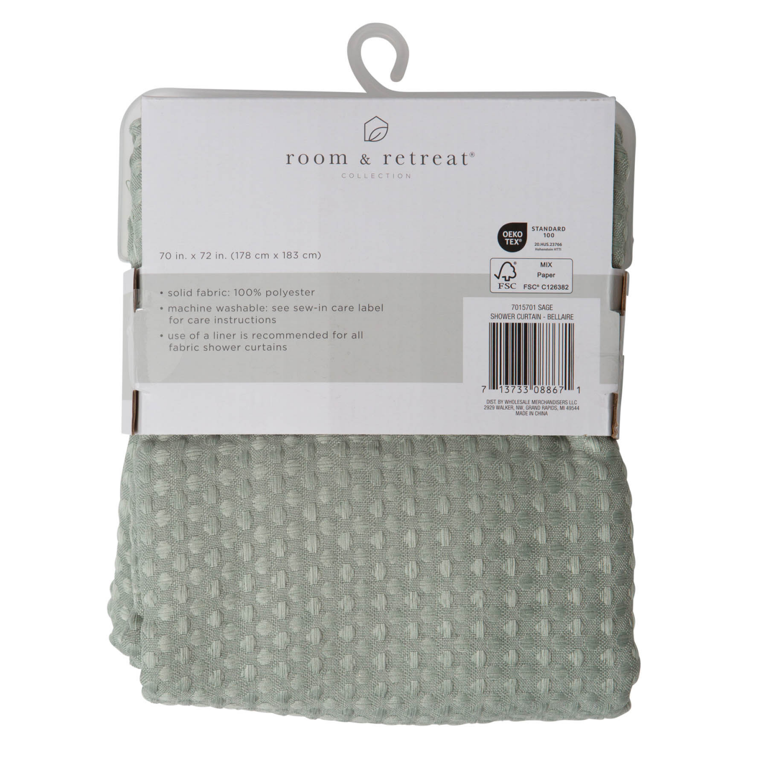slide 5 of 5, Room & Retreat Bellaire Waffle Weave Fabric Shower Curtain, 70x72 in, Sage Green, 1 ct