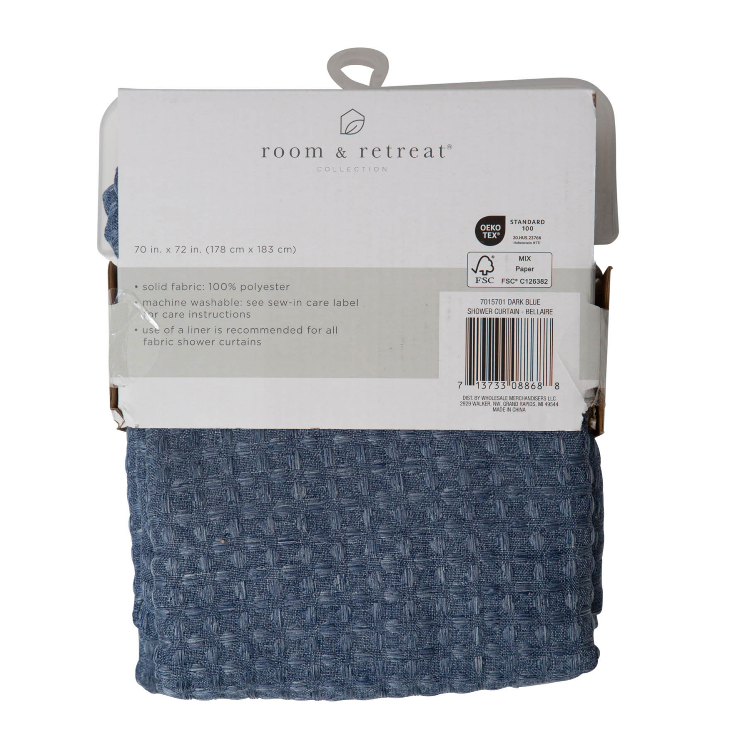 slide 5 of 5, Room & Retreat Bellaire Waffle Weave Fabric Shower Curtain, 70x72 in, Dark Blue, 1 ct