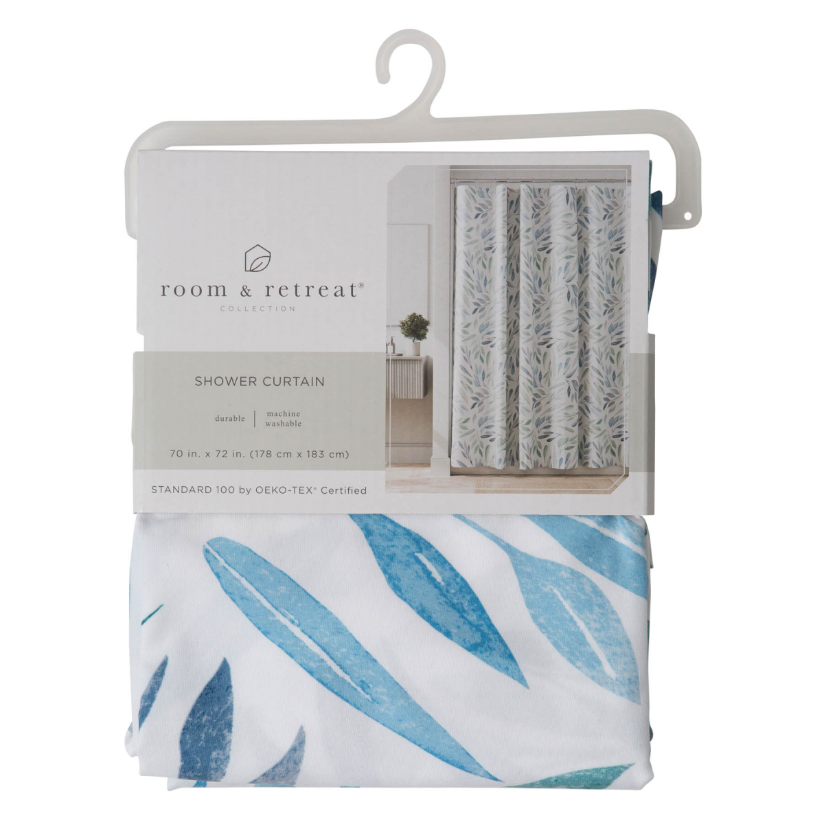 slide 3 of 5, Room & Retreat Cottage Leaves Fabric Shower Curtain, 70 in x 72 in, Blue, Green, 1 ct