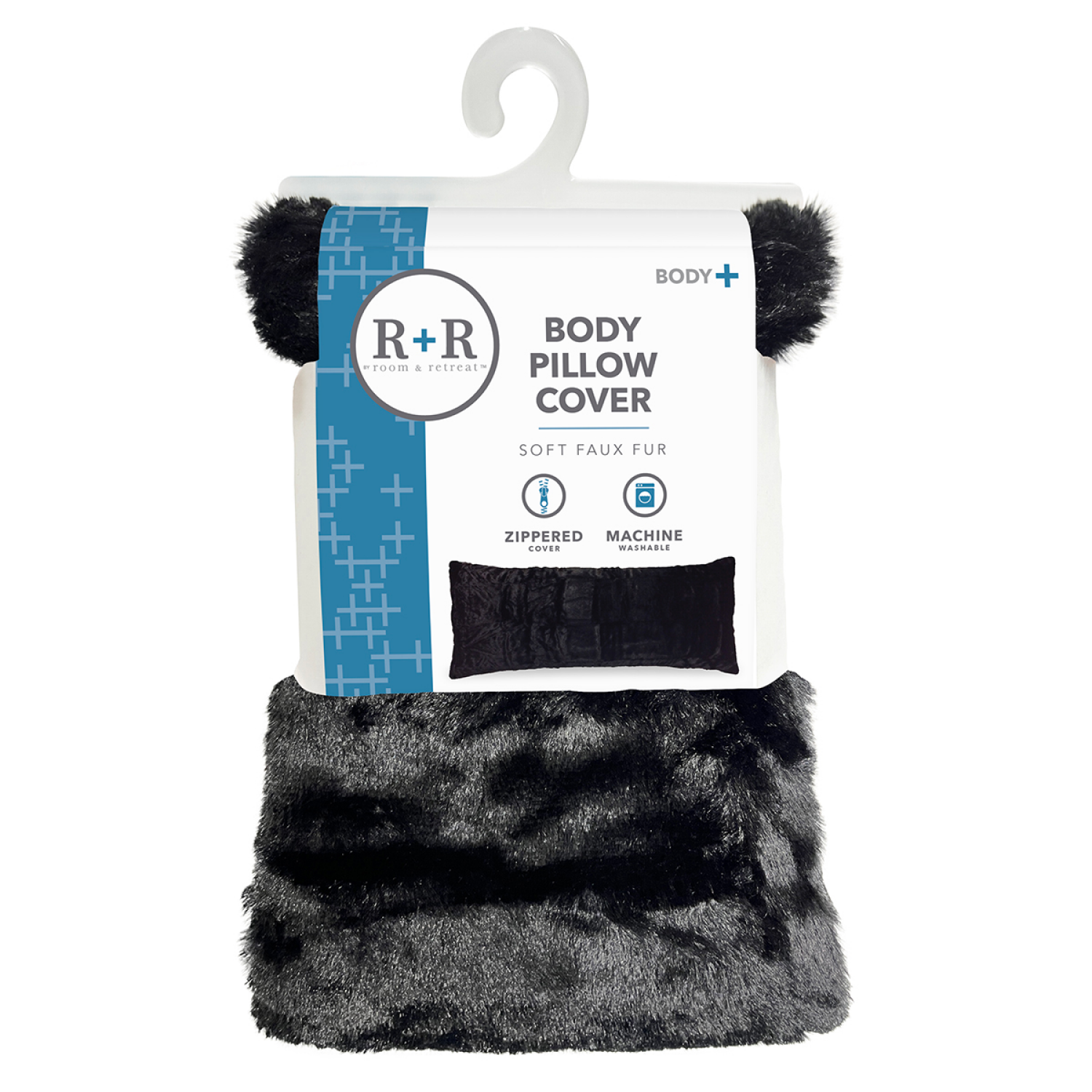 slide 1 of 3, R+R Room + Retreat Body Pillow Protector, Black Faux Fur 20 in x 48 in, 20 in x 48 in