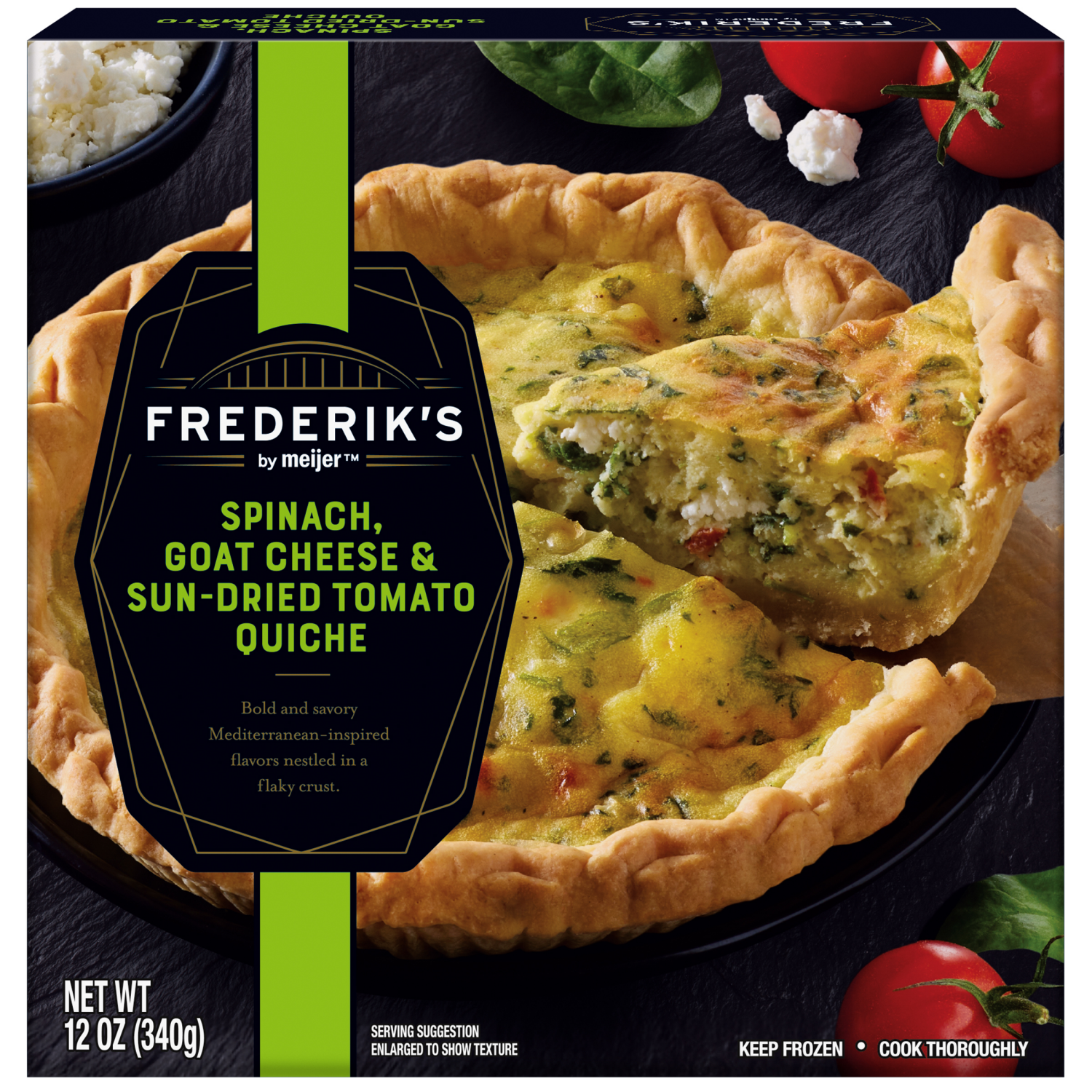slide 1 of 5, FREDERIKS BY MEIJER Frederik's by Meijer Frozen Spinach Goat Cheese Sundried Tomato Quiche, 12 oz