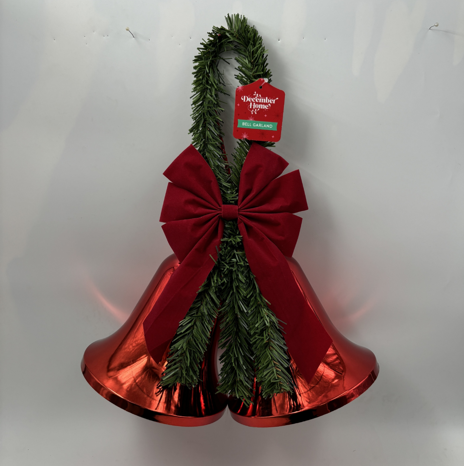 slide 3 of 4, December Home Bells with Garland and Red Flock Bow, Assortment, 21.5 x 14.5 