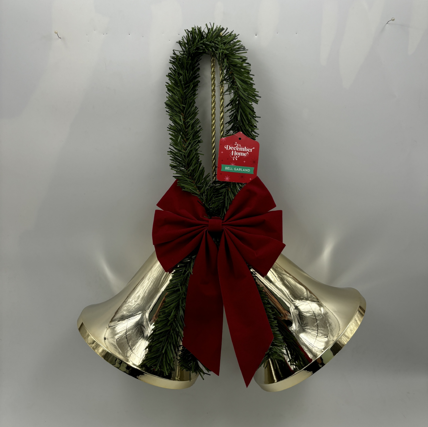 slide 4 of 4, December Home Bells with Garland and Red Flock Bow, Assortment, 21.5 x 14.5 