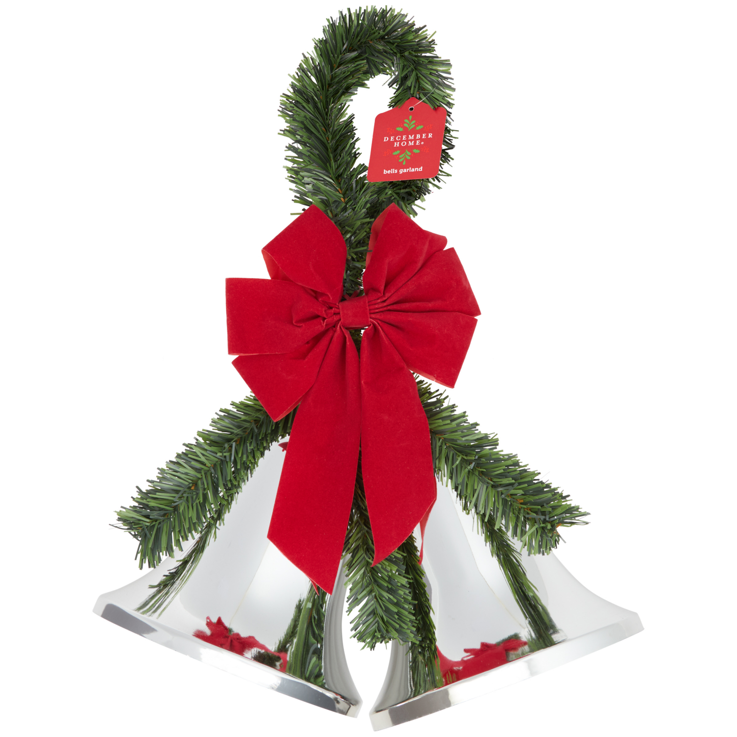 slide 1 of 4, December Home Bells with Garland and Red Flock Bow, Assortment, 21.5 x 14.5 