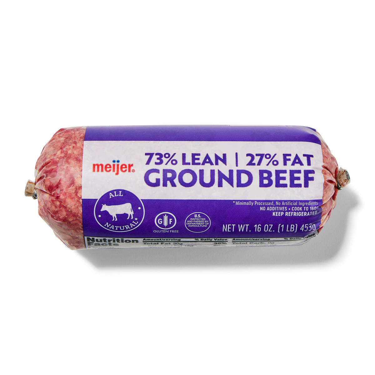 slide 1 of 13, Meijer 73/27 Ground Beef 1 LB Roll, 1 lb