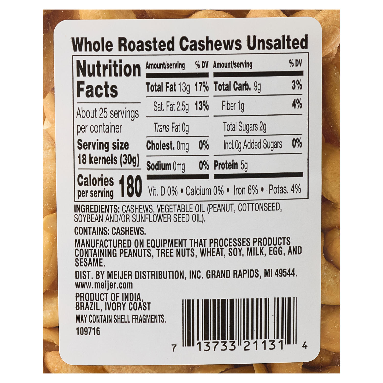 slide 2 of 3, Meijer Unsalted Whole Roasted Cashews, 26 oz