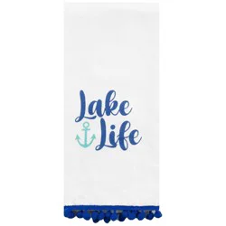 Meijer Corporate Seasonal M Essentials Lake Life Anchor Print Dual Kitchen Towel With Poms, 16 In X 26 In