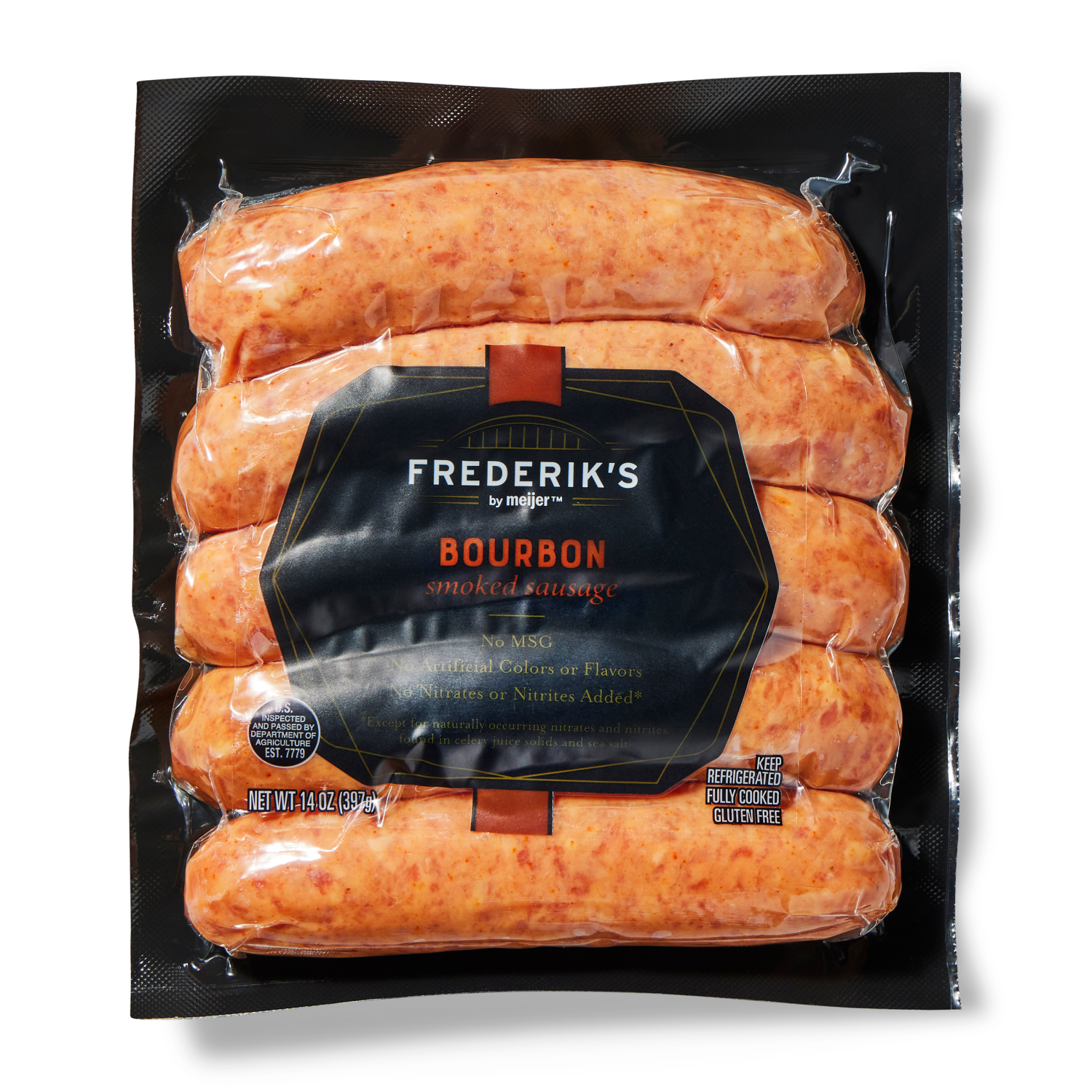 slide 1 of 2, FREDERIKS BY MEIJER Frederik's by Meijer Smoked Bourbon Sausage, 14 oz, 14 oz