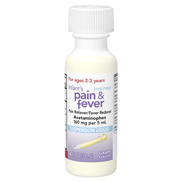 slide 7 of 29, Meijer Infants' Pain & Fever, Acetaminophen per, Suspension Liquid, Dye-Free Grape Flavor, 160 mg, 5 ml, 2 oz