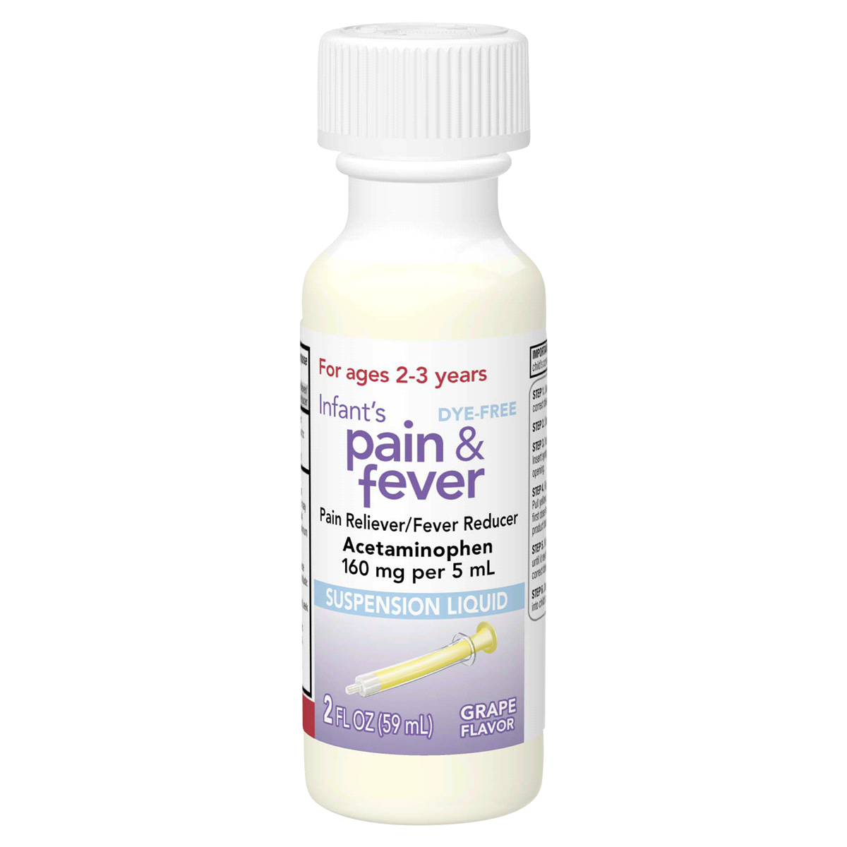 slide 8 of 29, Meijer Infants' Pain & Fever, Acetaminophen per, Suspension Liquid, Dye-Free Grape Flavor, 160 mg, 5 ml, 2 oz