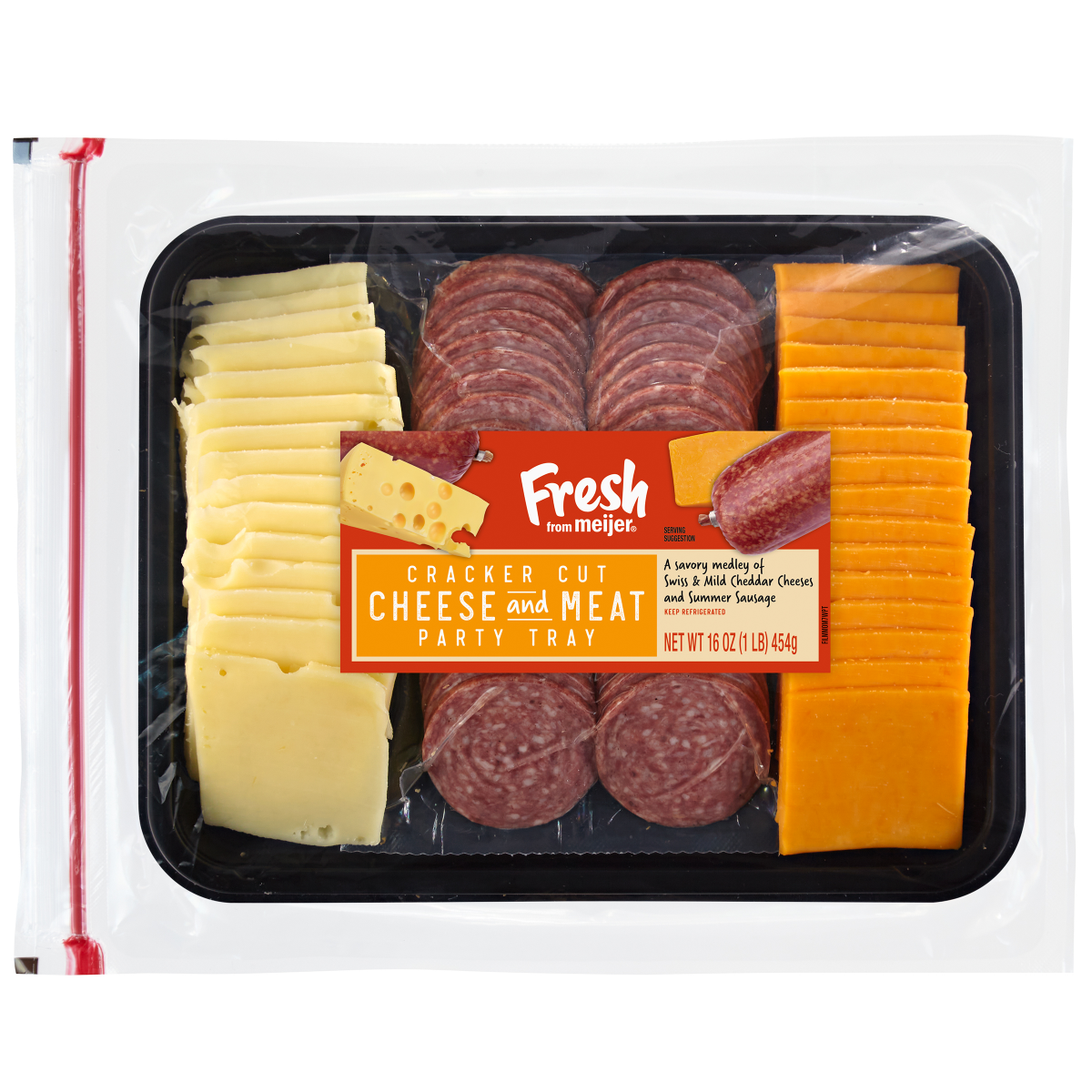 slide 1 of 5, Fresh from Meijer Cracker Cut Cheese and Meat Party Tray 16 oz - With Swiss and Mild Cheddar Cheese and Summer Sausage, 16 oz