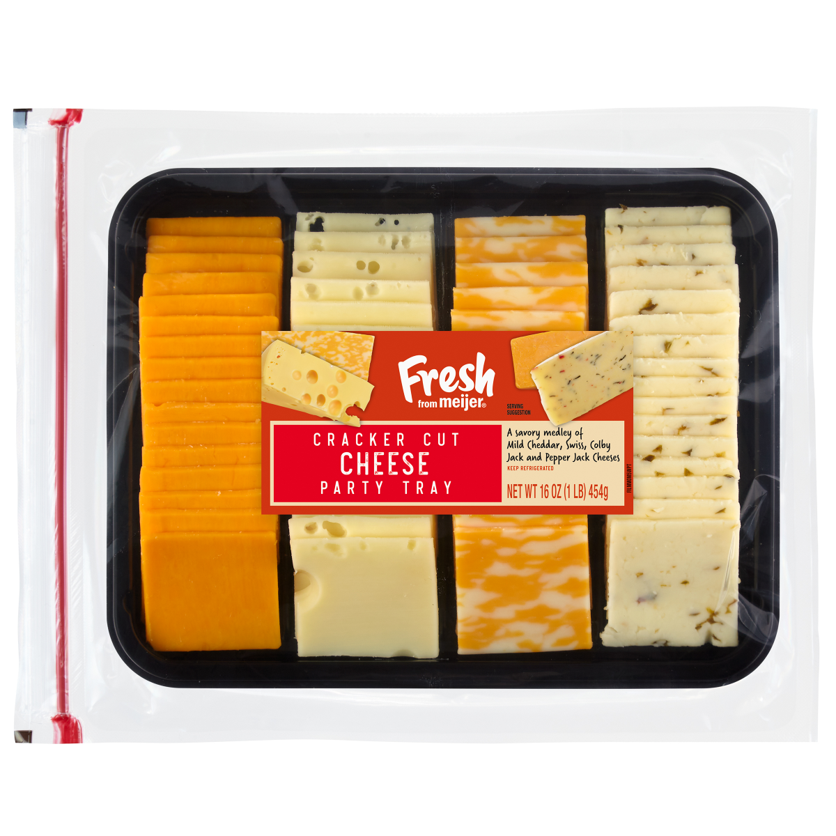slide 1 of 5, Fresh from Meijer Cracker Cut Cheese Party Tray 16 oz - With Mild Cheddar, Swiss, Colby Jack and Pepper Jack Cheeses, 16 oz