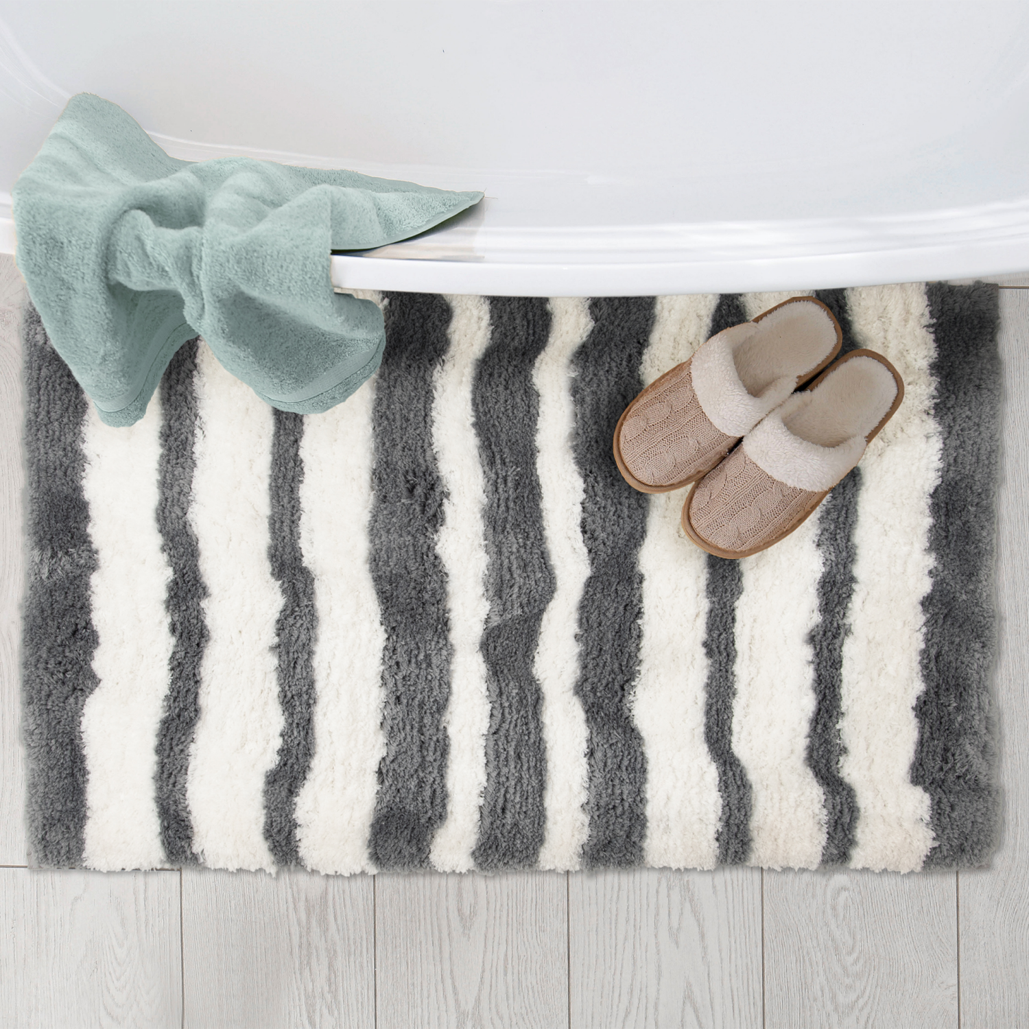 slide 3 of 6, R+R Striped Bathroom Rug, 20 in x 32 in, Grey, 1 ct