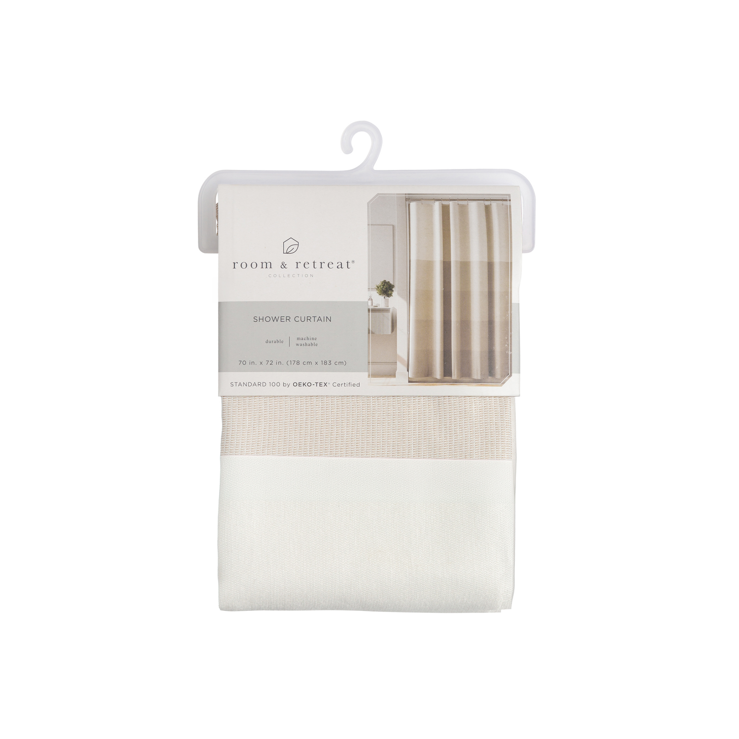 slide 3 of 5, Room & Retreat Kristi Stripe Fabric Shower Curtain Made with Recycled Cotton, Striped Print, 70 in x 72 in, Tan, 70 in