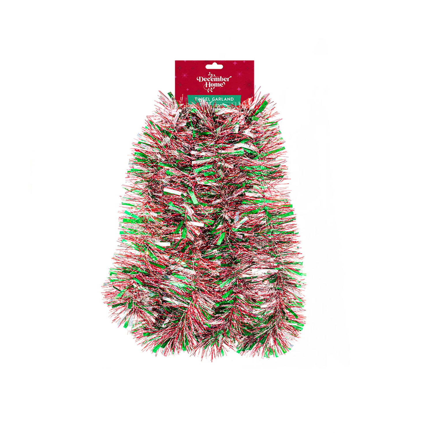 slide 1 of 2, December Home Mega Wide Cut Holographic Silver, Mega Wide Cut Holographic Green, Narrow Cut Metallic Red, Narrow Cut Snowblush Garland, 10', 10 ft