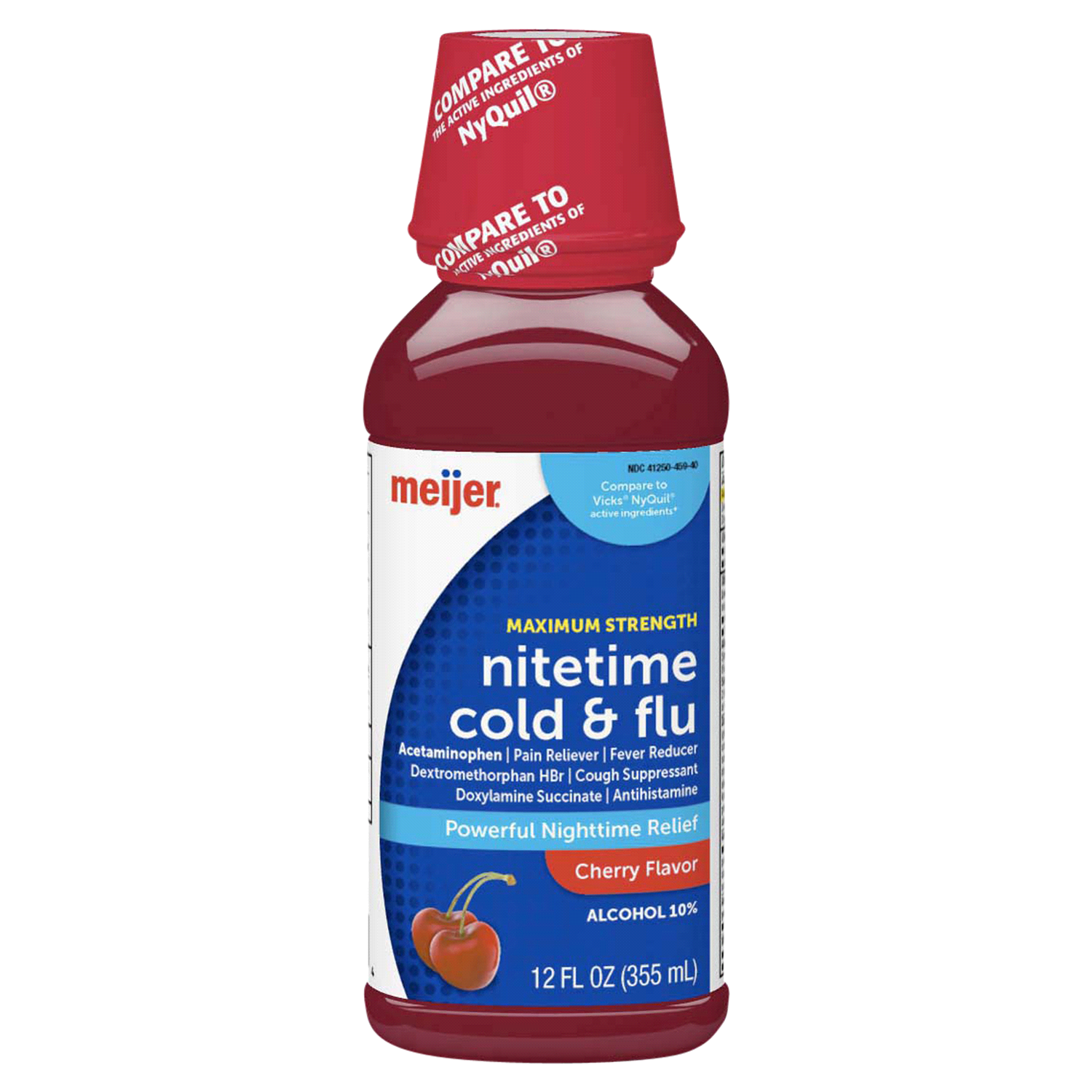 slide 1 of 5, Nighttime Cold & Flu Relief, Pain Reliever, Fever Reducer, Cough Suppressant, Antihistamine, Cherry Flavor, 12 oz