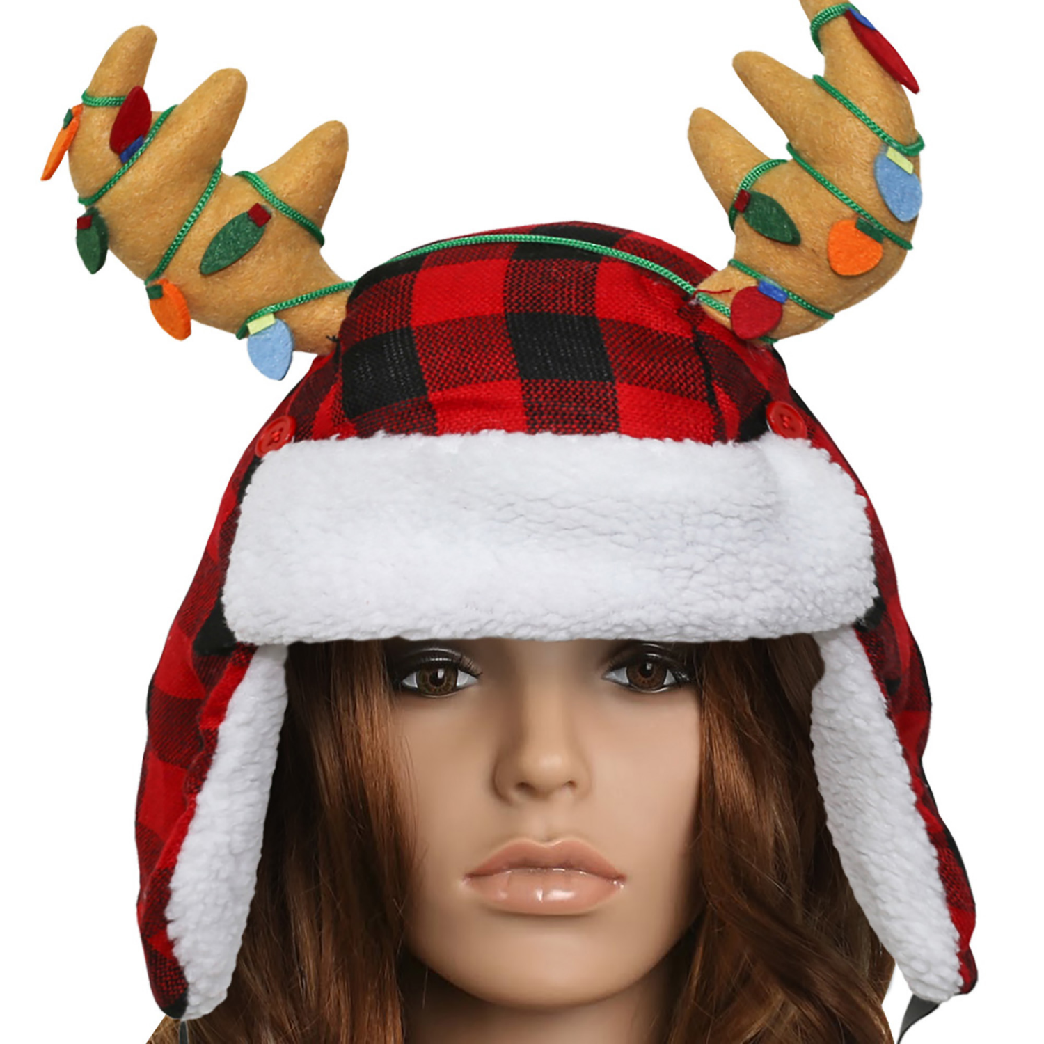 slide 5 of 8, December Home Santa Hat with Sherpa Ear Flaps and Antlers, 17 Inches, 17 in