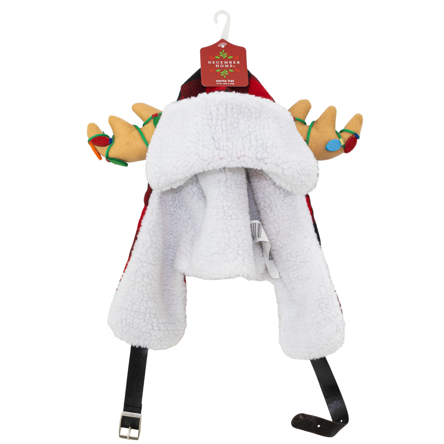 slide 8 of 8, December Home Santa Hat with Sherpa Ear Flaps and Antlers, 17 Inches, 17 in