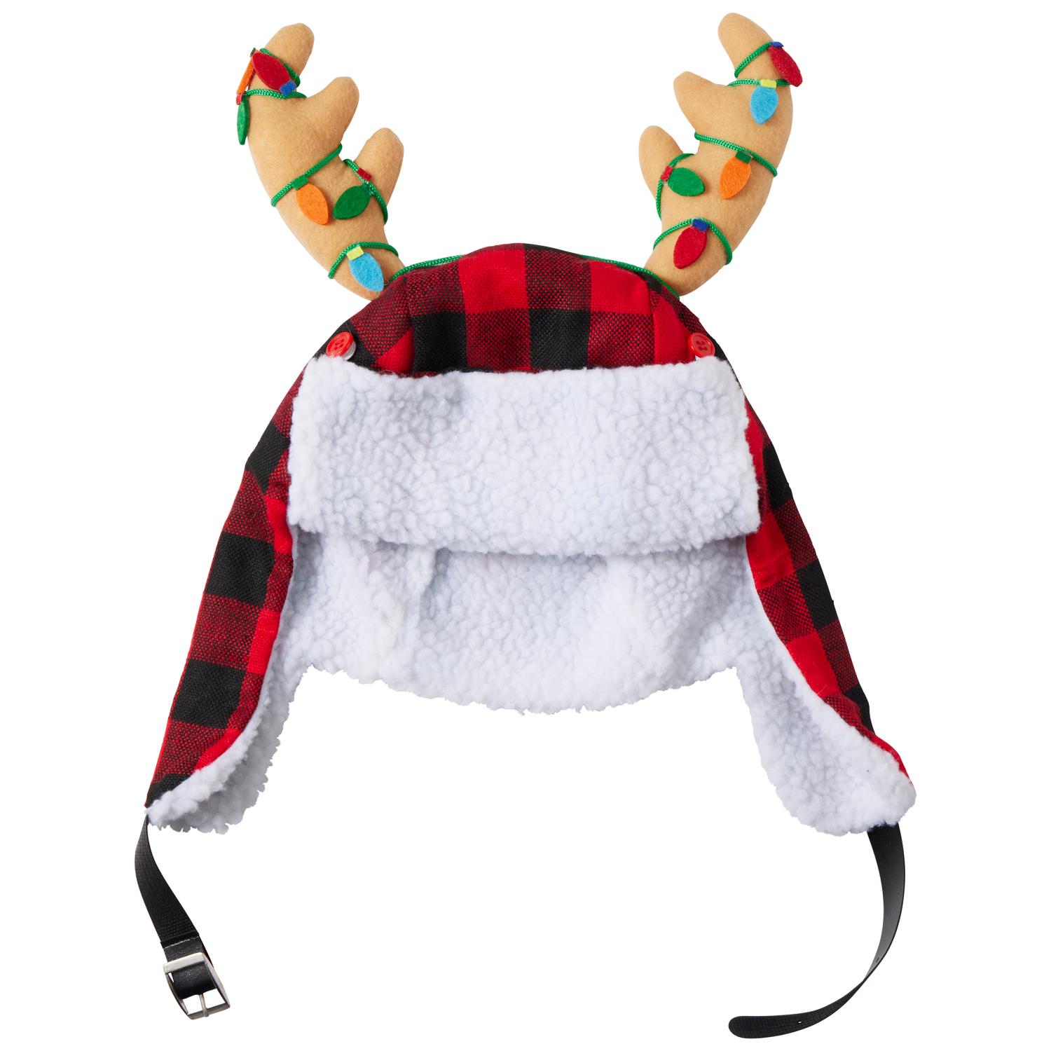 slide 1 of 8, December Home Santa Hat with Sherpa Ear Flaps and Antlers, 17 Inches, 17 in