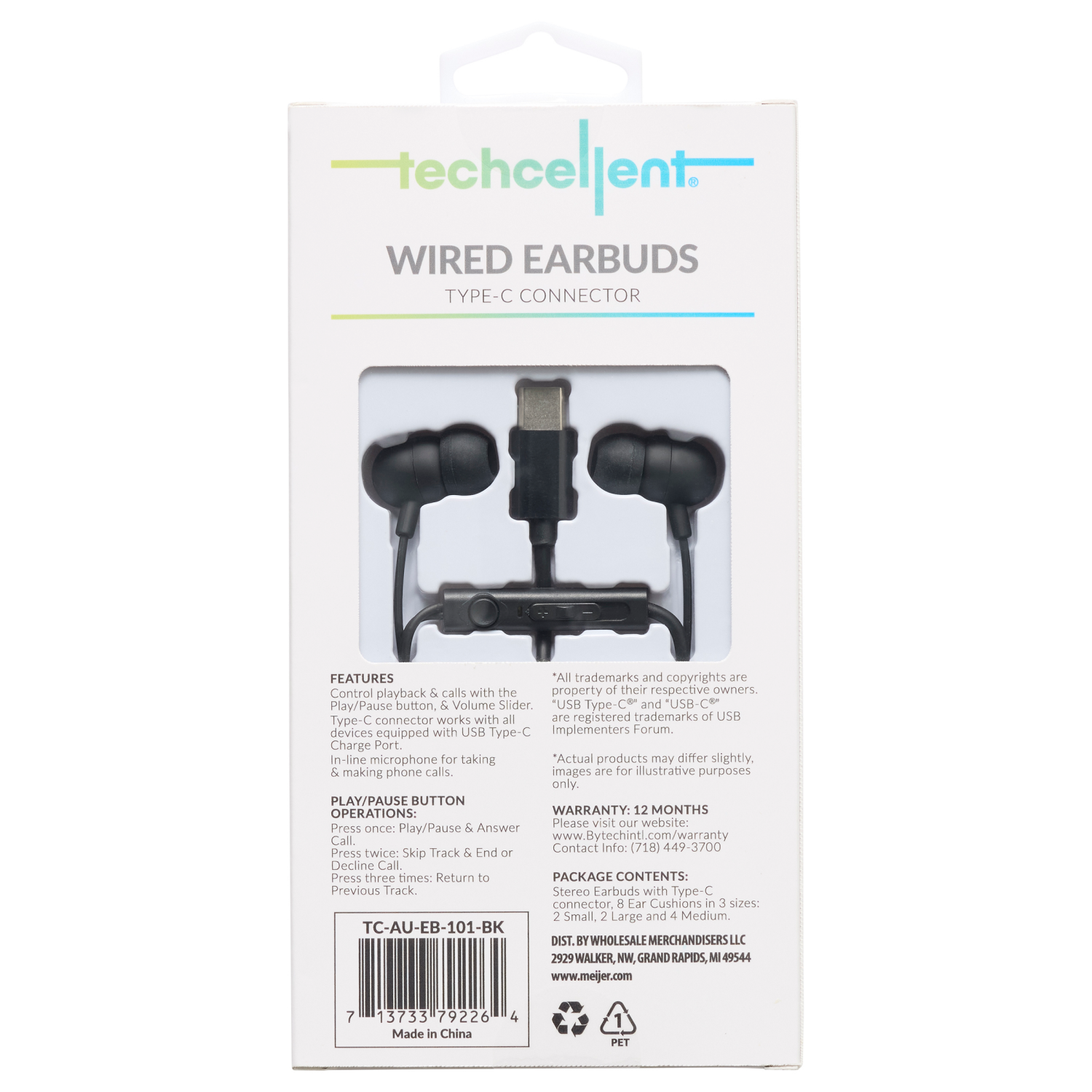 slide 2 of 2, Techcellent In-ear wired type-C EB - Black, 1 ct