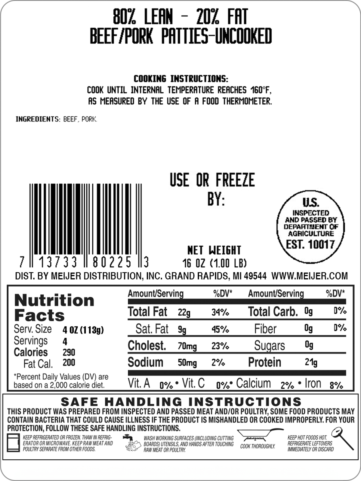 slide 2 of 2, FRESH FROM MEIJER 80/20 Beef/Pork Patties, 4 Patties, 1 lb