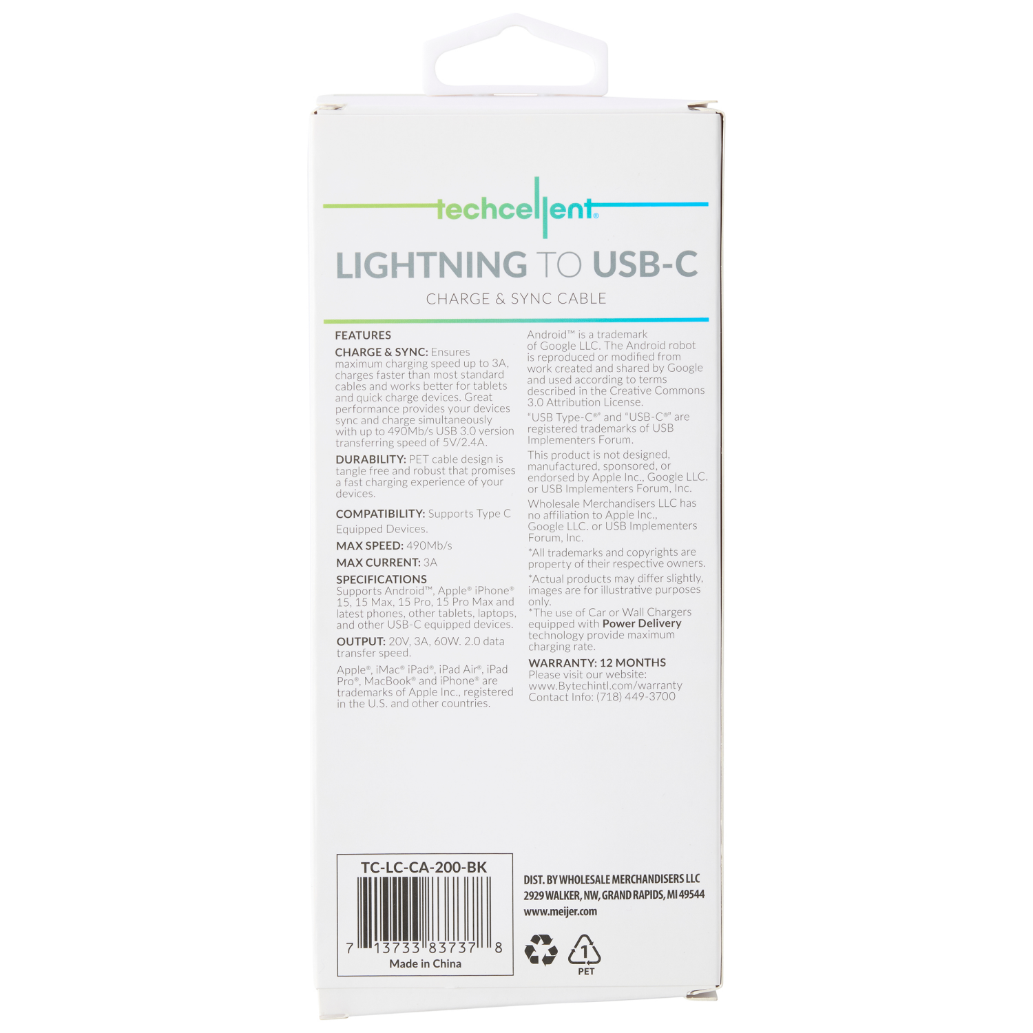 slide 2 of 6, Techcellent Lightning To USB-C Charge & Sync PVC Cable, 4ft BLACK, 4 ft