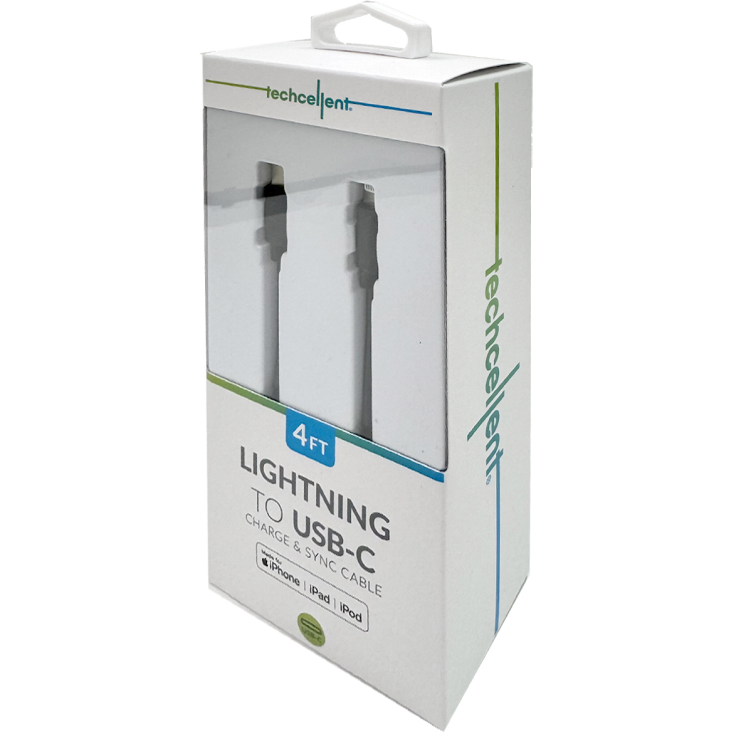 slide 5 of 6, Techcellent Lightning To USB-C Charge & Sync PVC Cable, 4ft BLACK, 4 ft