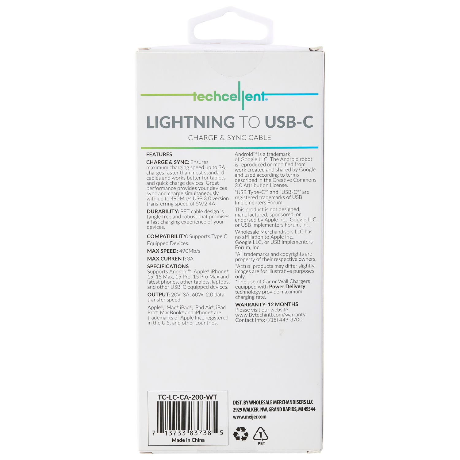 slide 2 of 6, Techcellent Lightning To USB-C Charge & Sync PVC Cable, 4ft WHITE, 4 ft