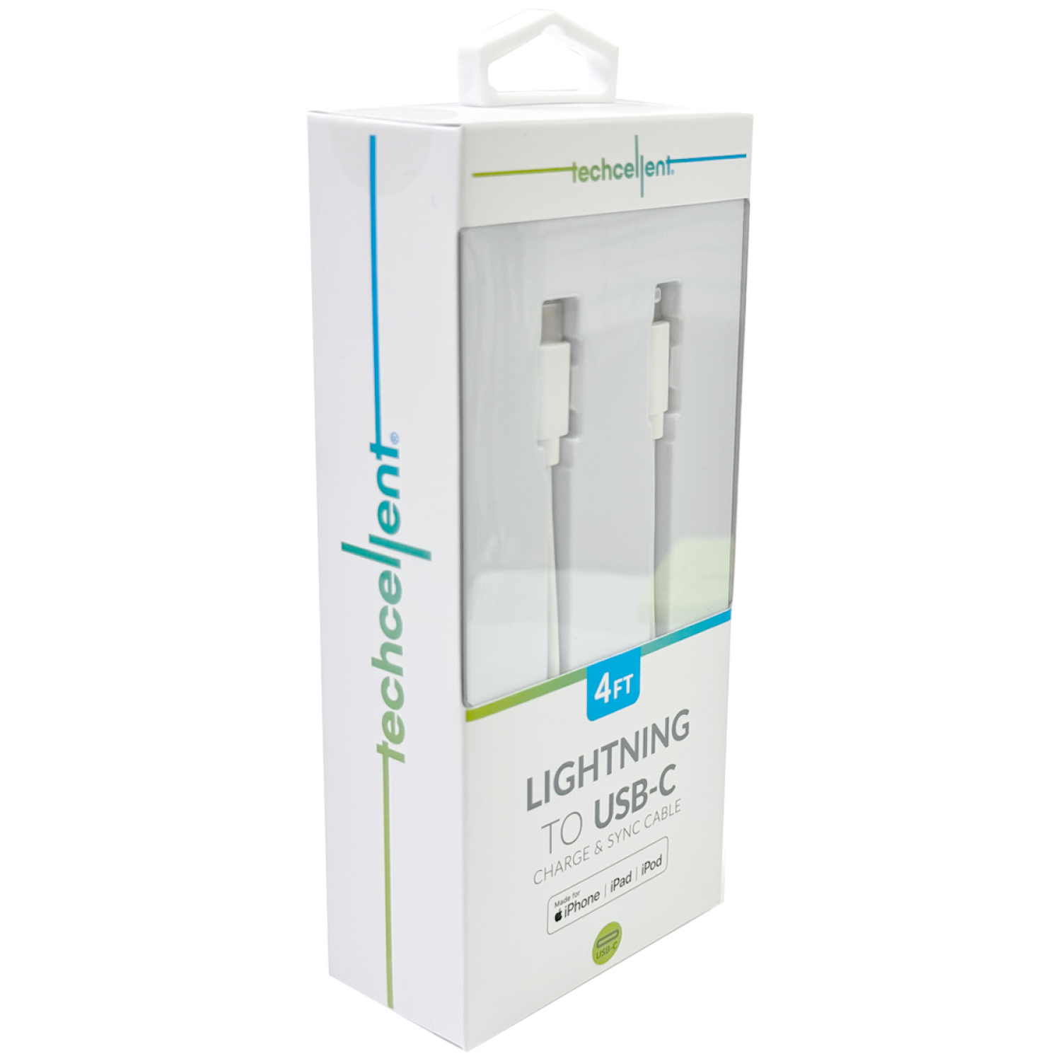slide 4 of 6, Techcellent Lightning To USB-C Charge & Sync PVC Cable, 4ft WHITE, 4 ft