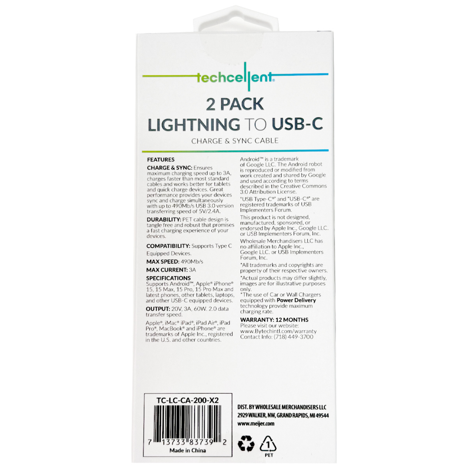 slide 2 of 5, Techcellent 2Pack Lightning To USB-C Charge & Sync PVC Cable, 4ft WHITE, 1 ct