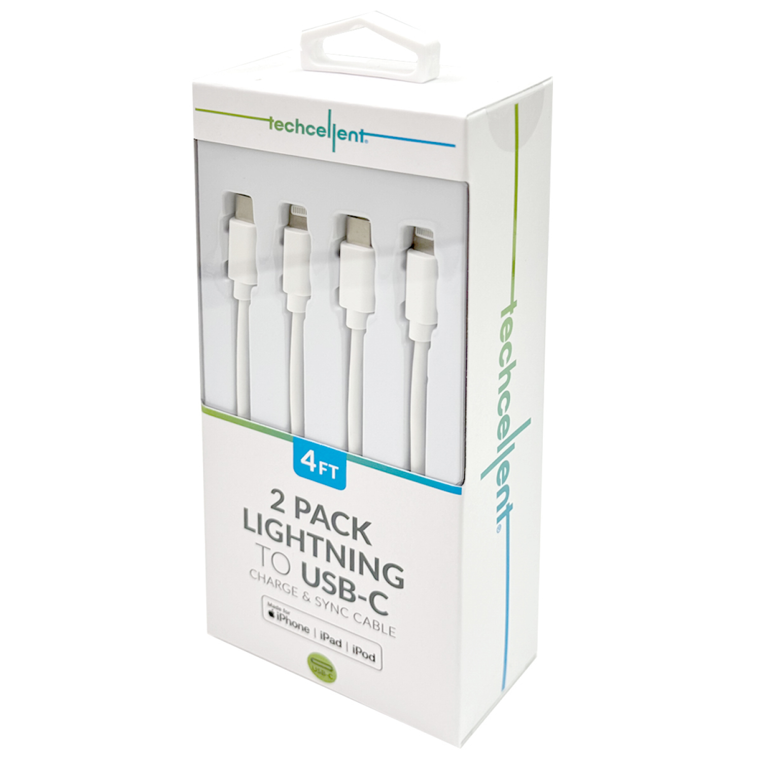 slide 4 of 5, Techcellent 2Pack Lightning To USB-C Charge & Sync PVC Cable, 4ft WHITE, 1 ct