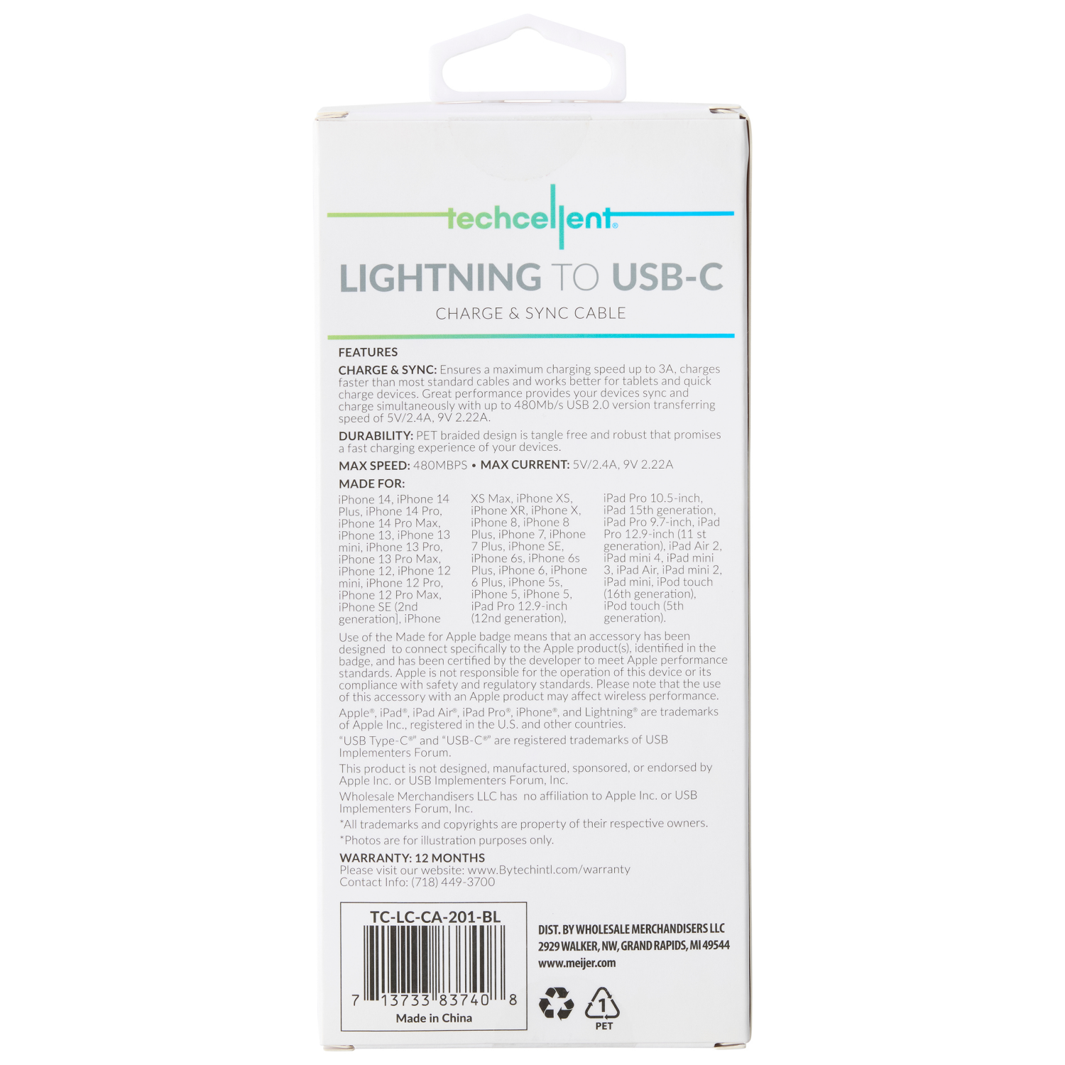 slide 2 of 6, Techcellent Lightning To USB-C Charge & Sync Braided Cable, 6ft BLUE, 6 ft