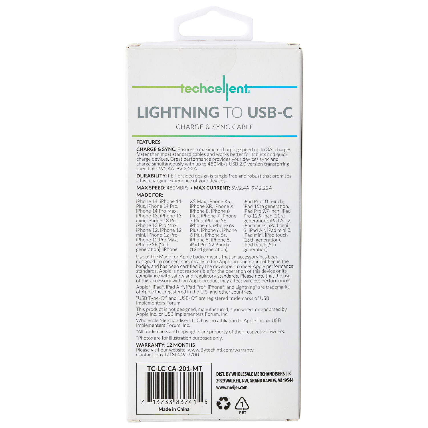 slide 2 of 6, Techcellent Lightning To USB-C Charge & Sync Braided Cable, 6ft MINT, 6 ft