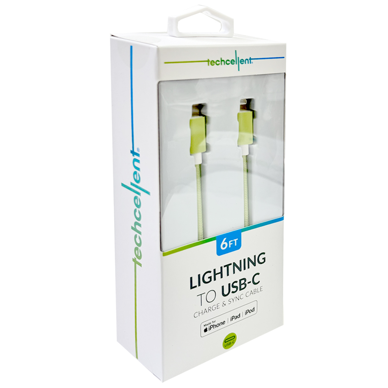 slide 4 of 6, Techcellent Lightning To USB-C Charge & Sync Braided Cable, 6ft MINT, 6 ft