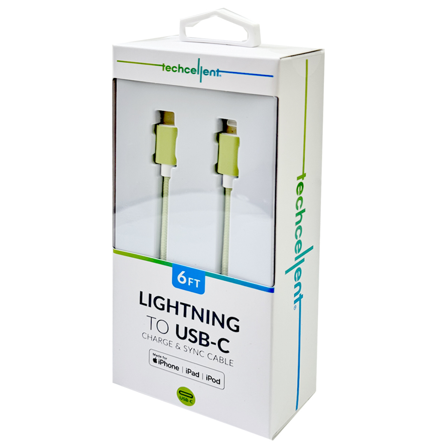 slide 5 of 6, Techcellent Lightning To USB-C Charge & Sync Braided Cable, 6ft MINT, 6 ft