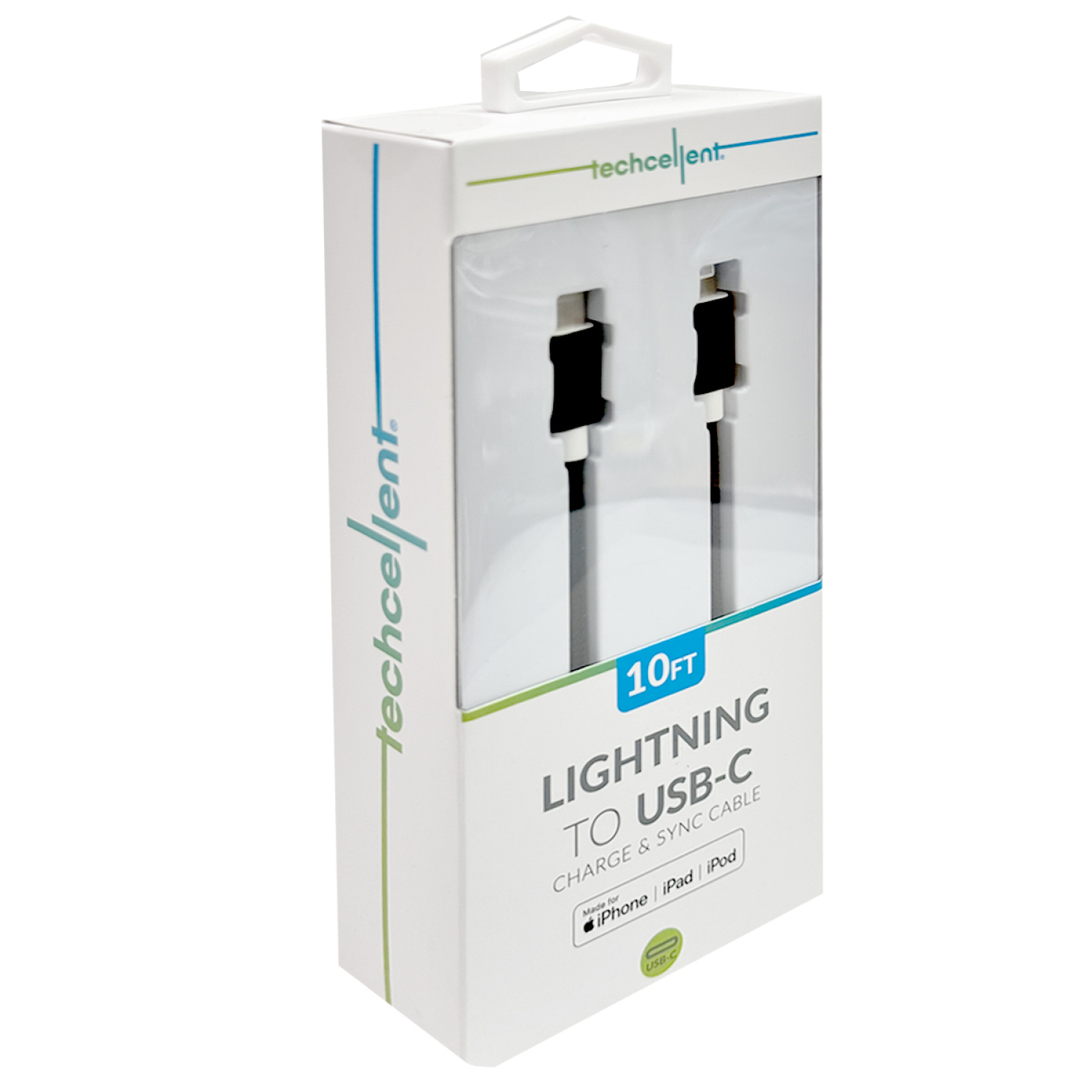 slide 4 of 6, Techcellent Lightning To USB-C Charge & Sync Braided Cable, 10ft BLACK, 10 ft