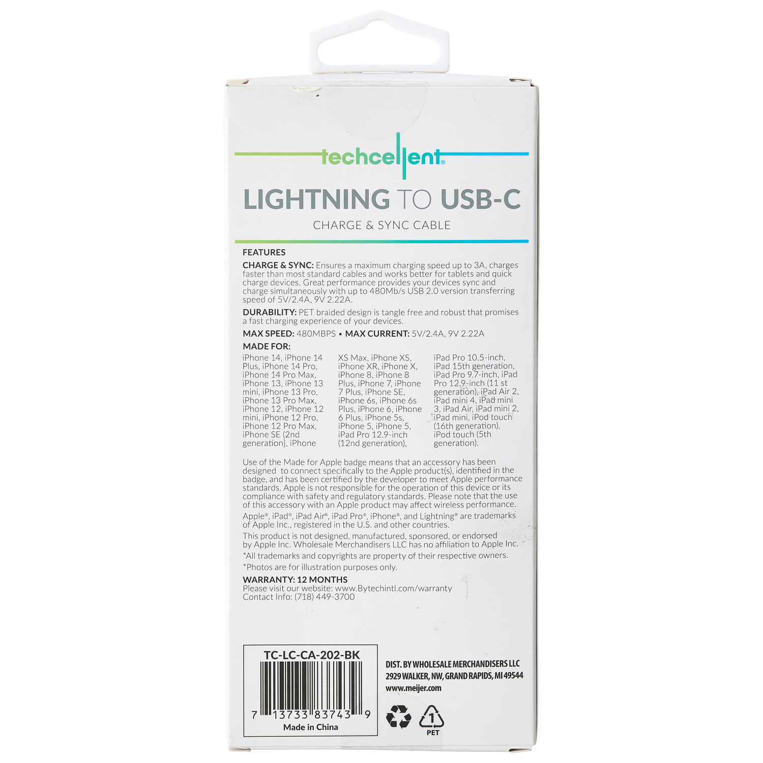 slide 2 of 6, Techcellent Lightning To USB-C Charge & Sync Braided Cable, 10ft BLACK, 10 ft