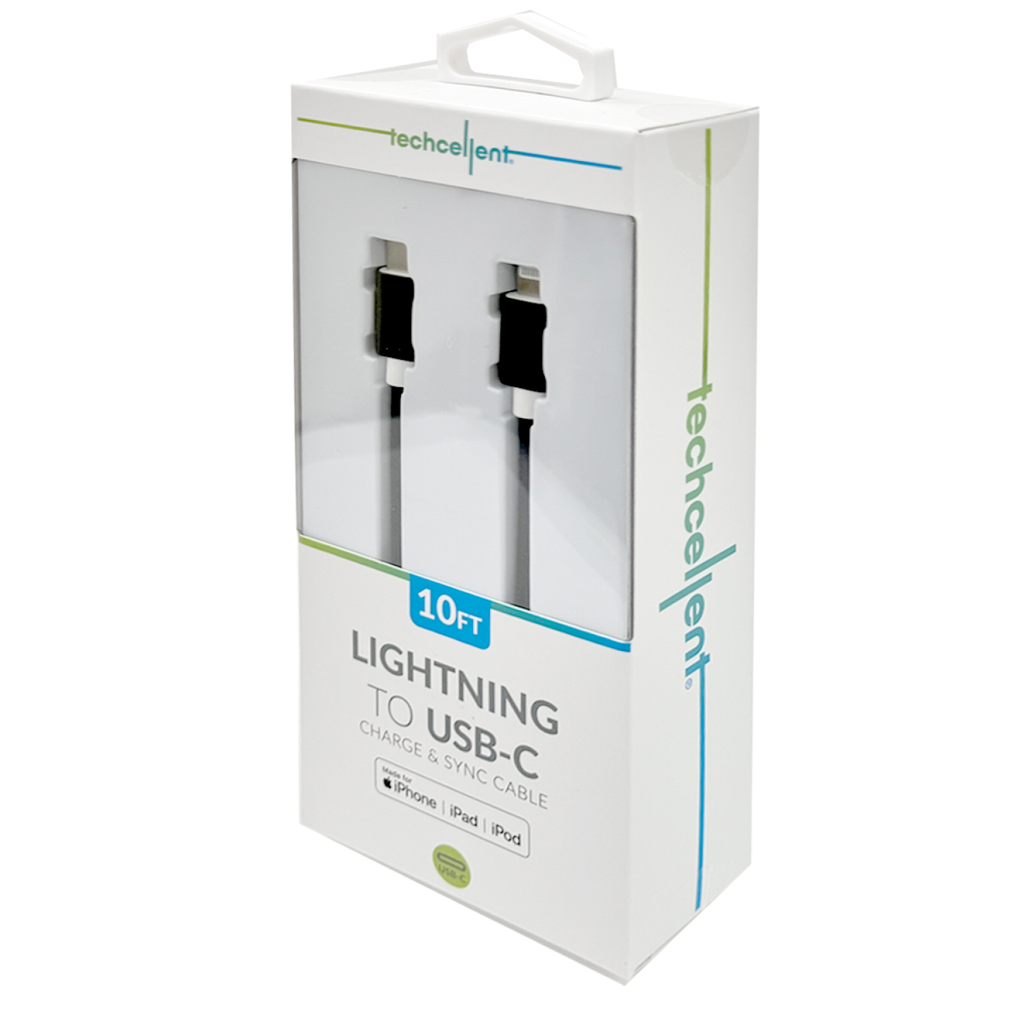 slide 5 of 6, Techcellent Lightning To USB-C Charge & Sync Braided Cable, 10ft BLACK, 10 ft