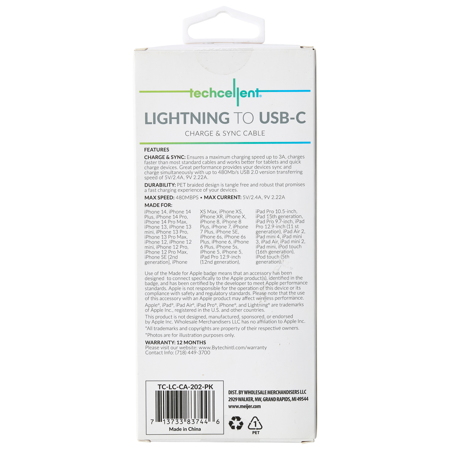 slide 2 of 6, Techcellent Lightning To USB-C Charge & Sync Braided Cable, 10ft PINK, 10 ft