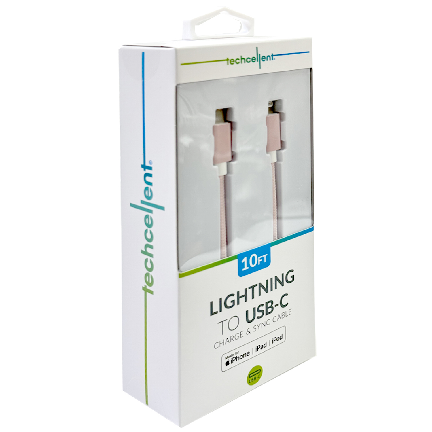 slide 4 of 6, Techcellent Lightning To USB-C Charge & Sync Braided Cable, 10ft PINK, 10 ft